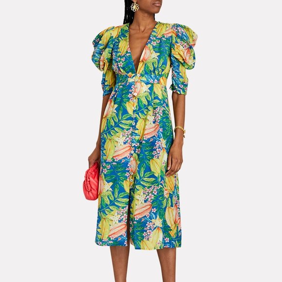 FARM Rio Dresses & Skirts - NWT Farm Rio Star Fruit Puff Sleeve Plunge Midi Dress S